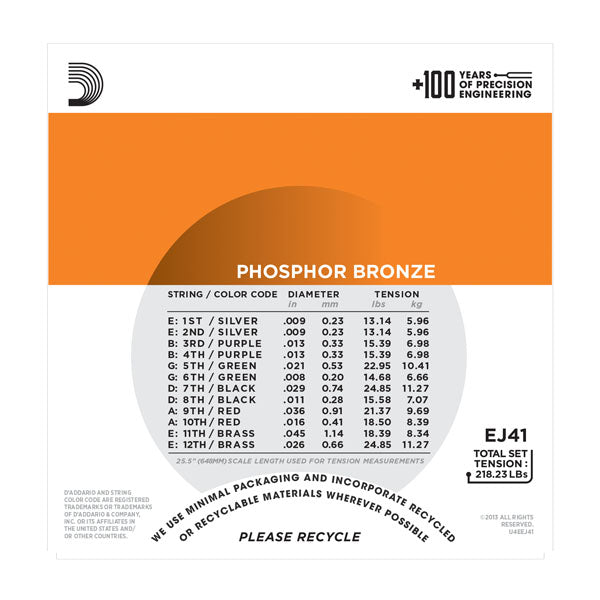 D'Addario EJ41 12-String Phosphor Bronze Acoustic Guitar Strings, 09-45